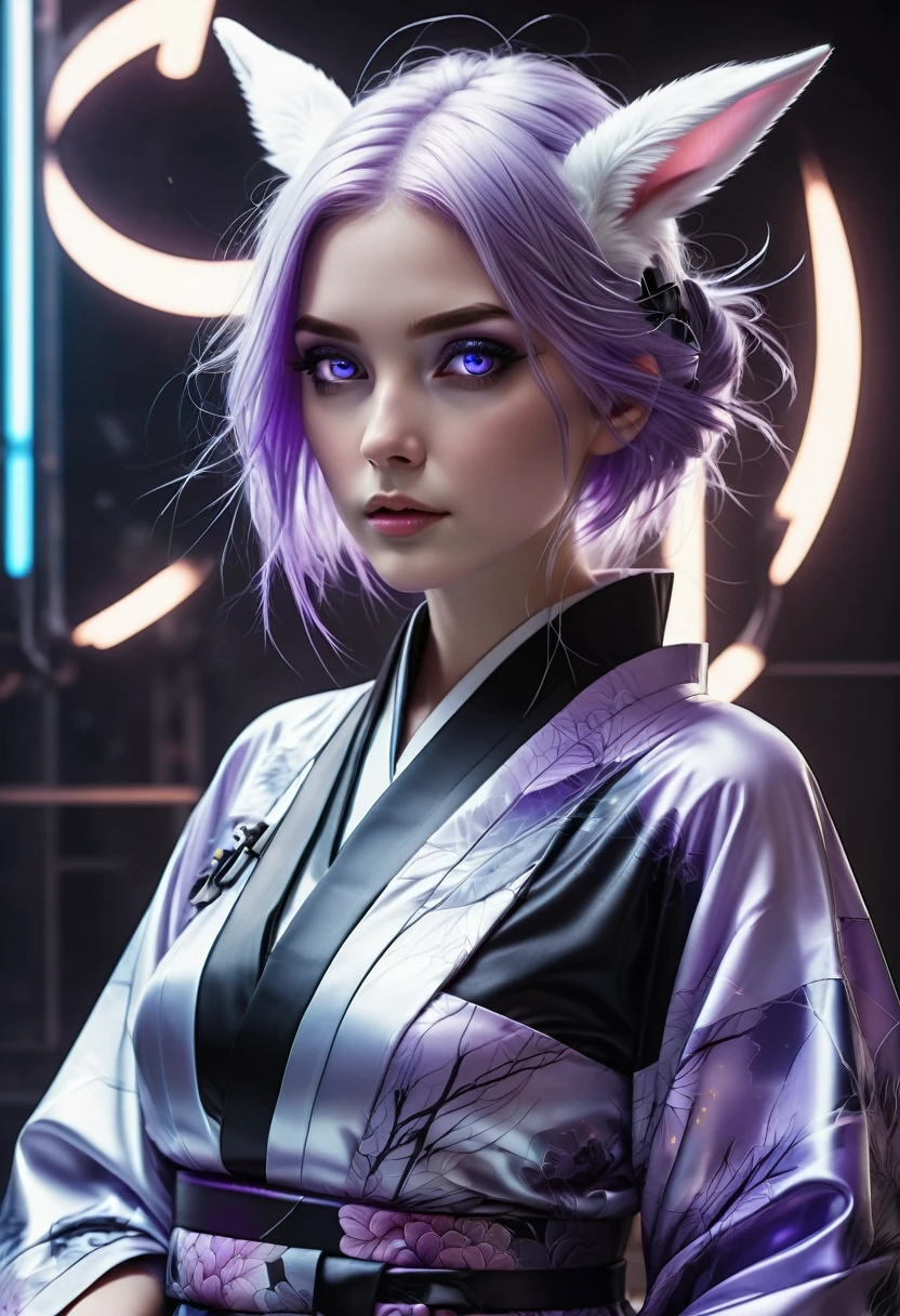 (nsfw), Best Quality, ultra Detailed, ultra Realistic, Futuristic wear design,,design suggesting flexibility,monochromatic color scheme emitting serenity,surface softly reflecting light,minimalism,simple yet impactful Feminine beauty,spirit of modernism, Feminine elements as visual art, fusion of advanced technology and nature,photorealistic rendering,, 1girl, yinji, (purple hair, purple eyes, long hair, white hair, double braids, gradient hair,sitting, all body shot, white Cyber bunny-girl-eared, cyberpunk kimono, translucent, glossy fabric, low-rise black Leggings, sheer, kimono-style top, monochrome palette, sleek lines, futuristic adornments, high-tech accessories, minimalist design, harmonious fusion, bold simplicity, serene expression, cybernetic enhancements, striking elegance, /// /// BREAK (ash-gray short hair, Droopy eyes, light Droopy eyebrows:1.3), making her blue eyes shine even brighter, well-defined face line and cute, huge eyes, accentuating her radiant white skin, (in a concrete, Realistic black Shadowv, Realistic lightning:1.3), BREAK Incredibly slim waist, Upward-facing medium and perky nipples, with disproportionately medium breasts, and rounded medium buttocks, exuding a sculptural beauty, looking viewer, meat stuck to the clothing,