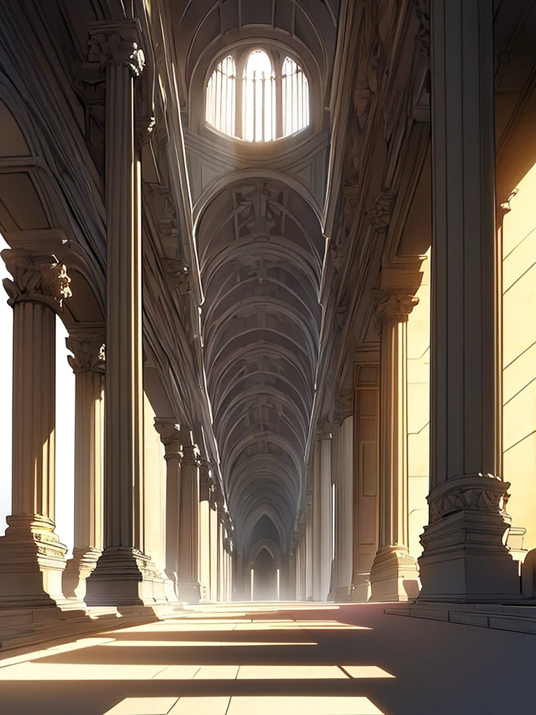 Roman temple, sunlight entering through the pilasters. Interior of a Roman temple, with large columns... 2d animation style.