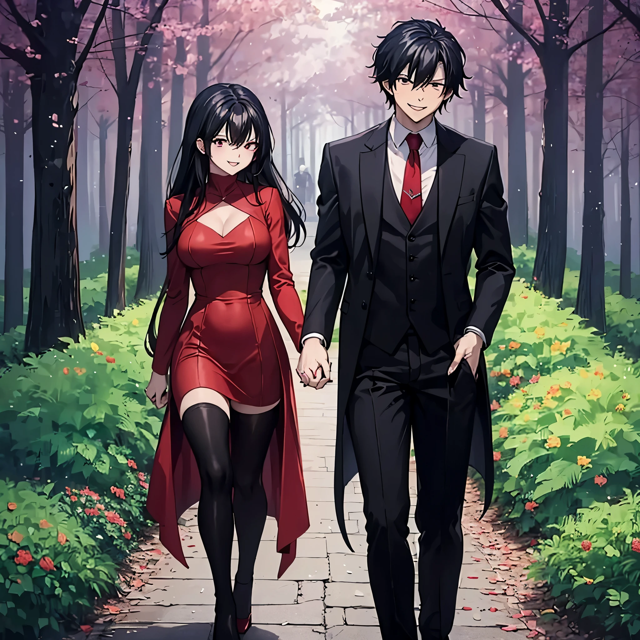 A man together with a woman holding hands walking in a park at night, with perfect lighting, (romantic mood) (holding hands perfectly with coherent fingers),  (woman wearing a low-cut red dress with long brown stockings, smiling red eyes, long black hair) (a man wearing a black suit, black pants, black hair, dark blue eyes, smiling) (just a couple of man and woman)