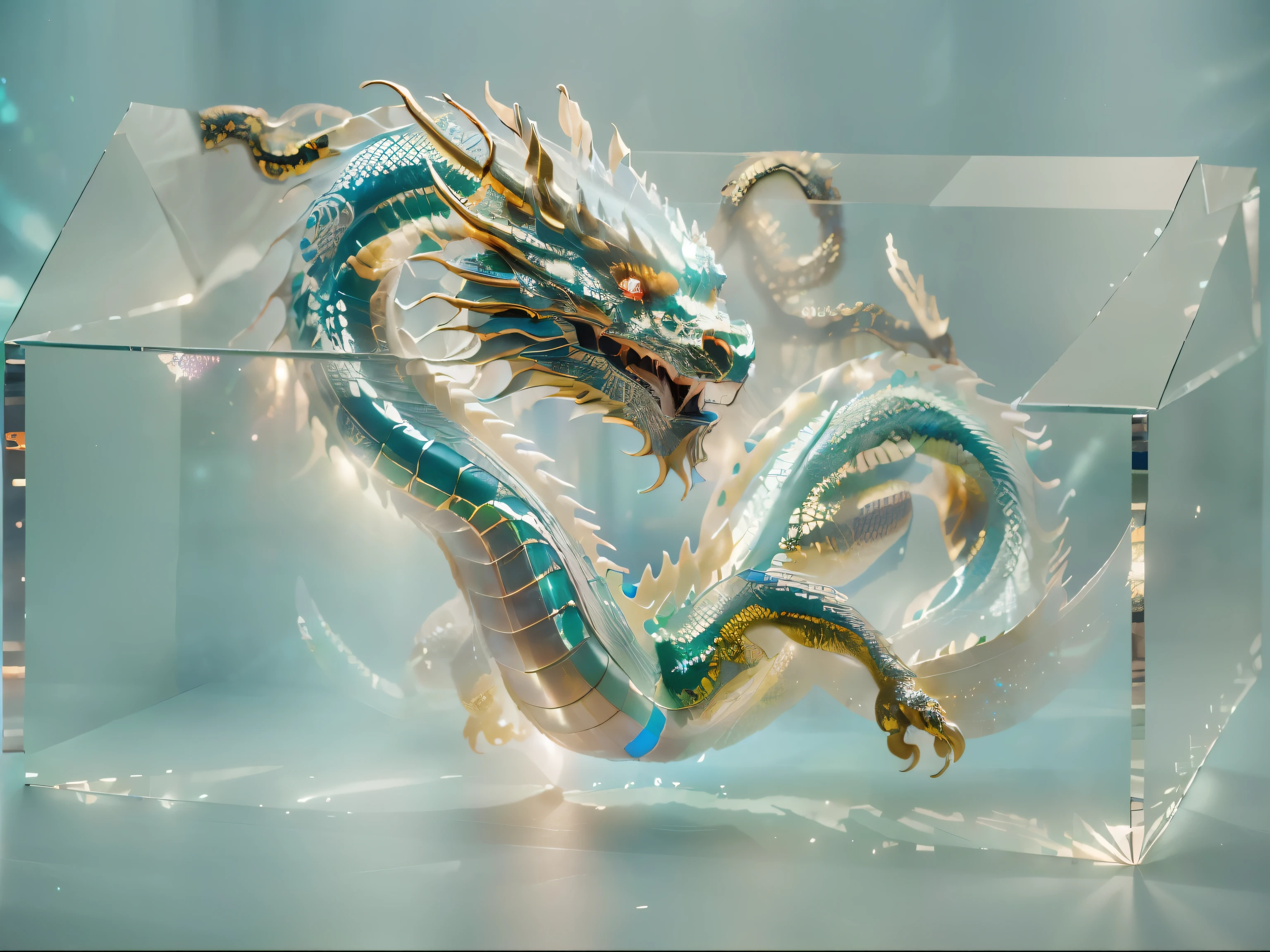 There is a translucent box on the table.，Blue light，Holographic display, 4k detail fantasy, Chinese Mythology 8k, Chinese dragon dragon,  8k high quality detailed art, 8k Octave Rendering Photo,