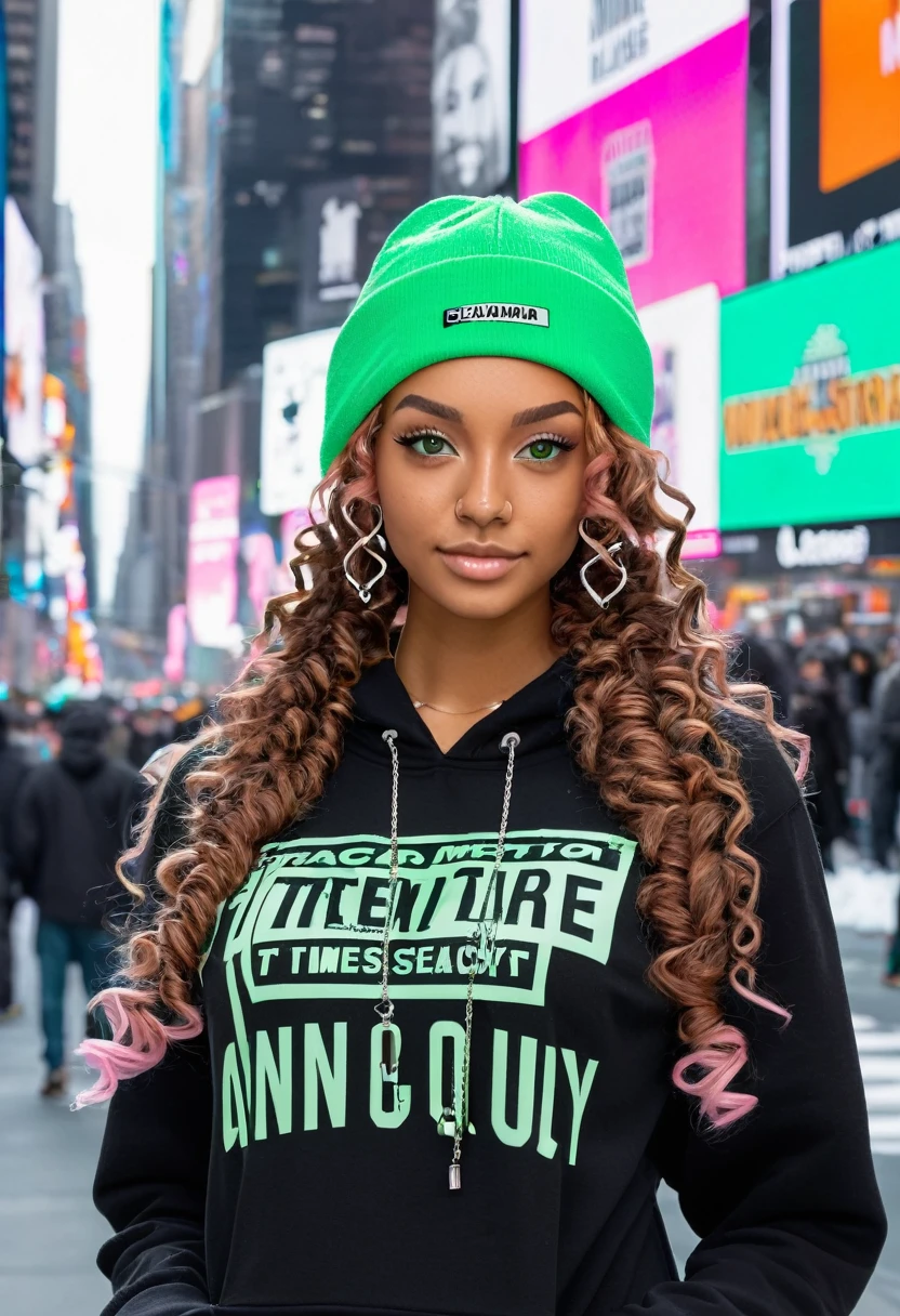 slightly tall young woman, light brown skin, light green eyes. Long brown curly hair with pigtails. Black Graphic Hoodie, Pink Beanie, silver necklace, silver hooped nose piercing transparent lipgloss, slim built, very beautiful, late adolescent, 19 years old, full body photo, long legs, Walking in Times Square surrounded by billboard during the winter.