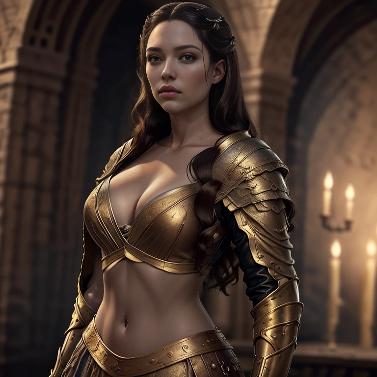 score_9, score_8_up, score_7_up, score_6_up, score_5_up, Oracle Pythia from Game of Thrones, black hair, sexy, extremely detailed artgerm, in medieval guard uniform posing, midriff, cleavage, (masterpiece, best quality:1.2), Next to a garden, flowers, beautiful, medieval, (insanely detailed, beautiful detailed, masterpiece, best quality), (insanely detailed, masterpiece, best quality) Margaery Tyrell angl