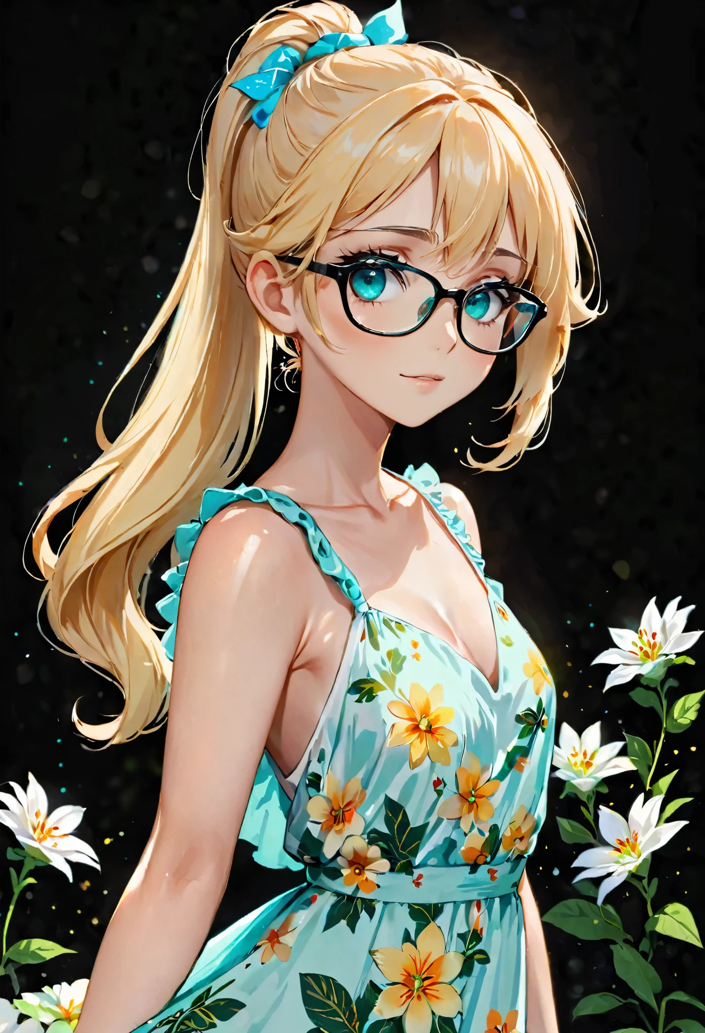 Anime girl, portrait style, black background, long light blonde ponytail, bright turquoise eyes,black glasses, white flowy summer dress, summer flower in hair