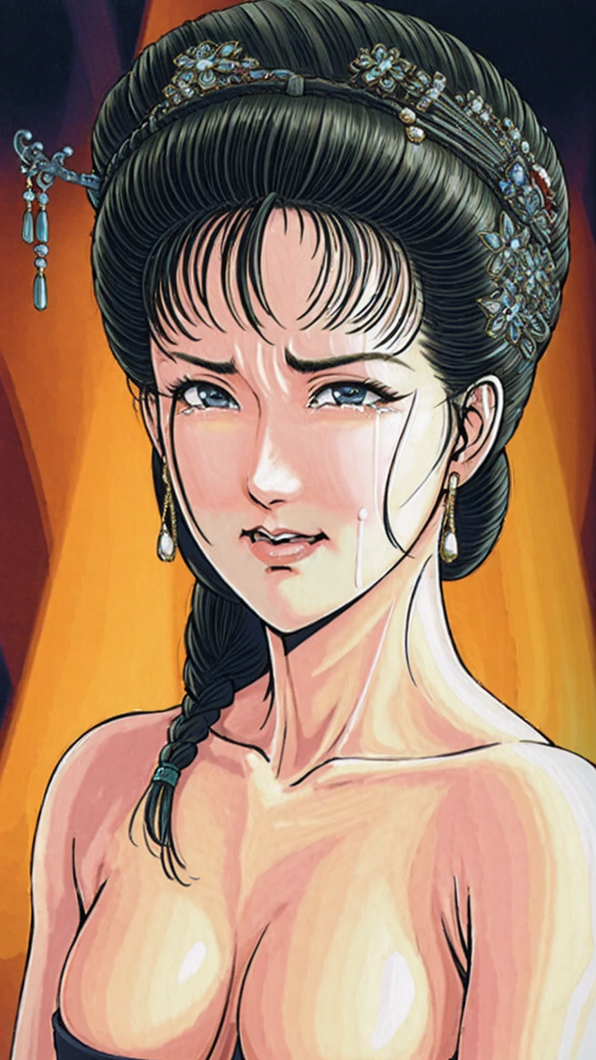 (best quality), (very aesthetic), (ultra-detailed), (best illustration),(a mature female),(perfect face),Suikoden,Mrs. Lin,(NSFW),((full_body)),((full_nude)),((crying)),Covers mouth with right hand,red cheek,sweating,skinny,flushed skin,(hairly pussy),chinese traditional bed room,overhead view