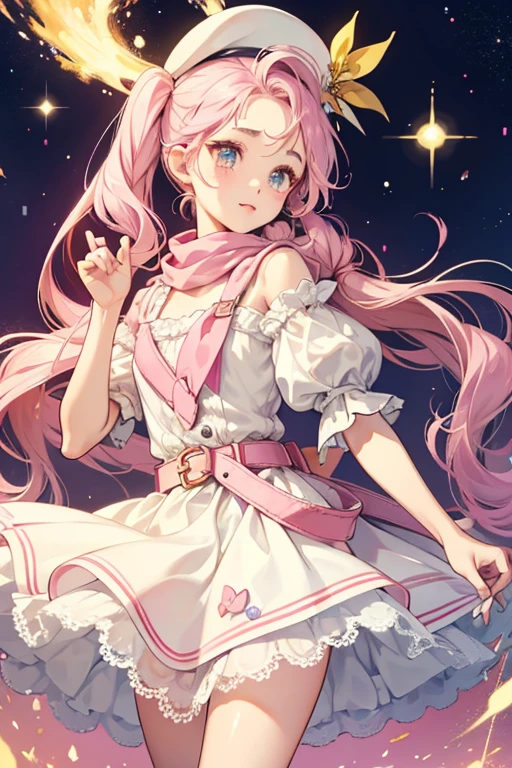 Coffretchi has cream-colored skin, starry brown eyes, and pink cheeks. She has five eyelashes along the top of each eye, and the second eyelash on the left is curled at the end and longer than the rest. She has cream-colored fluffy hair in a side-ponytail, and a swirled tuft of hair on her forehead. She wears a small cap on top of her head which resembles a powder puff. The top of her cap is pink and has a small yellow bow in the center, the bottom is white, and a line of white lace goes around the middle. She wears a light pink short-sleeved dress, a yellow scarf, and pink stockings. She also has a white belt, and a small white and pink purse which is attached to the belt. SPARKLE; GLITTER