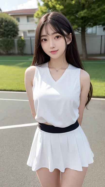 8K、Detailed Description、Very high definition、Realistic、reality的、Real、live-action、reality、High resolution、Nogizaka46、japanese idol,beautiful girl、21 years old、Sleeveless lacrosse uniform、Knee-up-top angle of view、Lacrosse court、Looking up、Peeking into this、Tilt your body diagonally、sunny、Long Hair、Hang your back hair forward、Headband、Black Hair、Perfect Teeth、Flared mini skirt、Her skirt is flipped up、Hair blowing in the wind、pretty girl、Beauty、D cup breasts、Glowing Skin、Glowing Skin、Shiny Hair、Very white skin、Heavy makeup、Slit eyes、Perfect Teeth、Big Eyes、Double eyelids、Smile without showing your teeth、Put your arms behind your back、A slightly higher angle