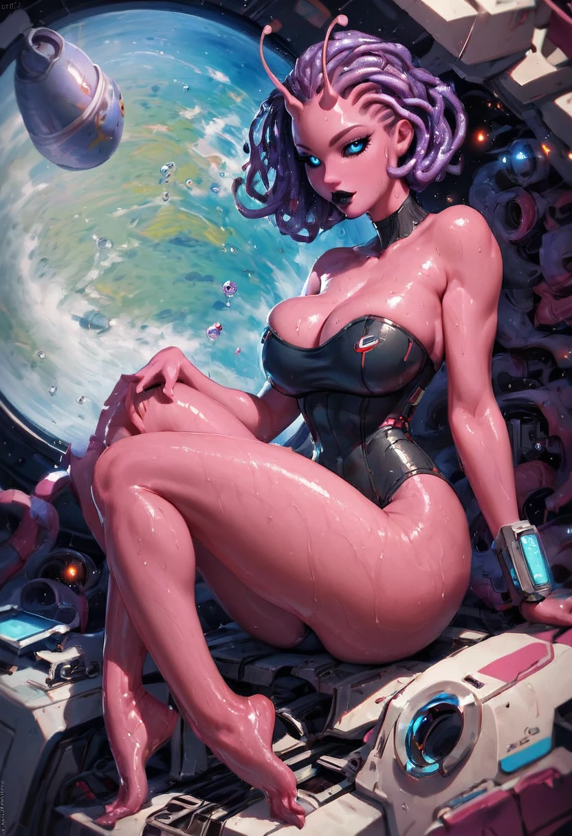 score_9, score_8_up, score_7_up, Expressiveh, ultra detailed, full body illustration, one cute and sexy alien woman, Fio germi, solo, (sexy flirt, seductive), space suit, strapless shirt, sweating skin, oiled skin, wet skin, pink skin, water drops, purple tentacles hair, blue eyes, black sclera, prefect face, gloss black lips, large breasts, cleavage, wide hip, detailed feet, alien antenae, space ship,