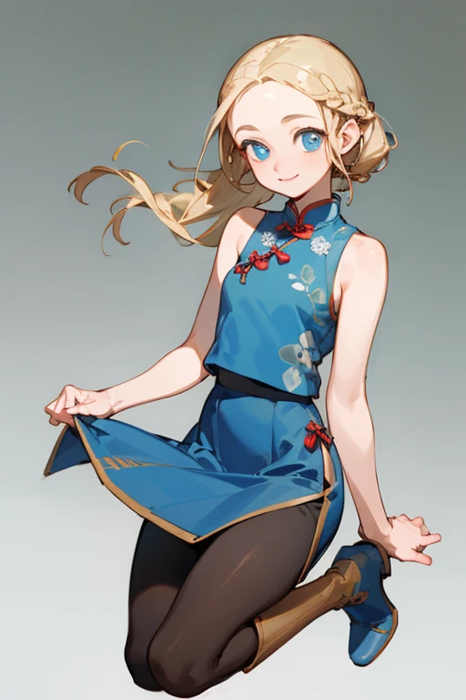 (masterpiece), ((best quality)), (super detailed), (beautiful eyes beautiful details eyes, Clean and delicate face), (whole body, waiza), Single Braided blonde pony tail, parted bangs, forehead, blue eye, smile, wearing mini Cheongsam, Sleeveless, pantyhose, thigh, short boots, simple color background