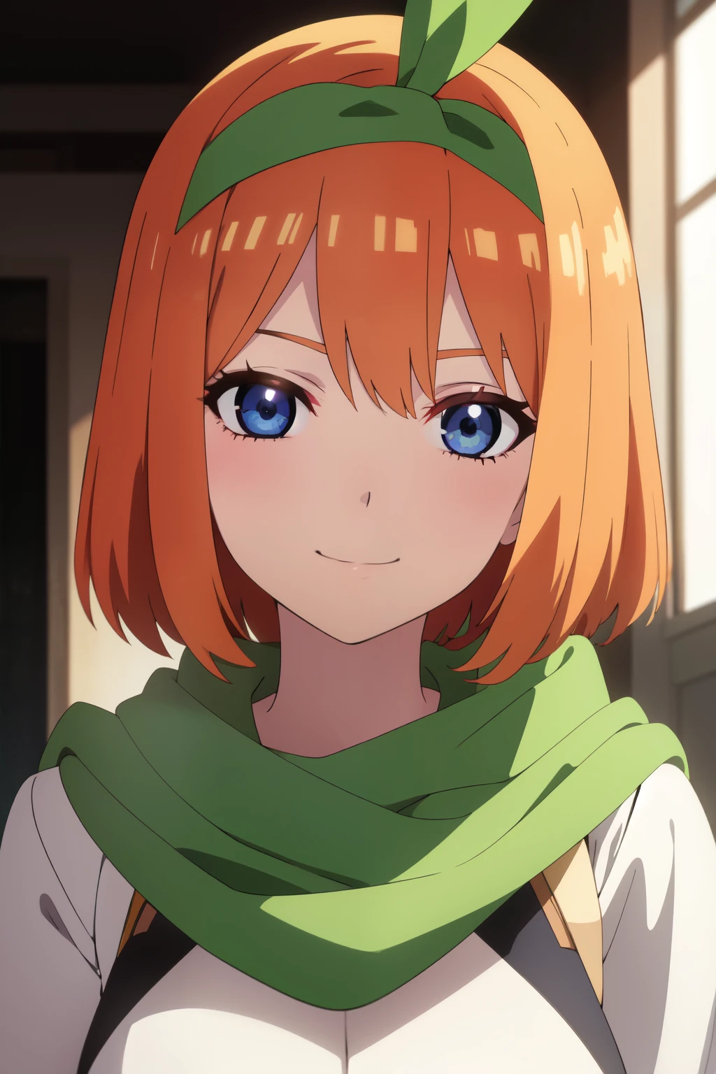 Anime background art, bottom of room, one bed, standing, beautiful anime scenes, 4K anime art wallpaper, 4k anime art wallpaper, Rosla global illumination, anime girl, 1 girl, LORA similar, best quality, detailed, alone, looking at the viewer, mouth closed, smile, short hair, definition in the eye, perfect face, perfect face, perfect hair, orange hair, hair accessory, green scarf in hair, blue eyes,  costume, big tits. 