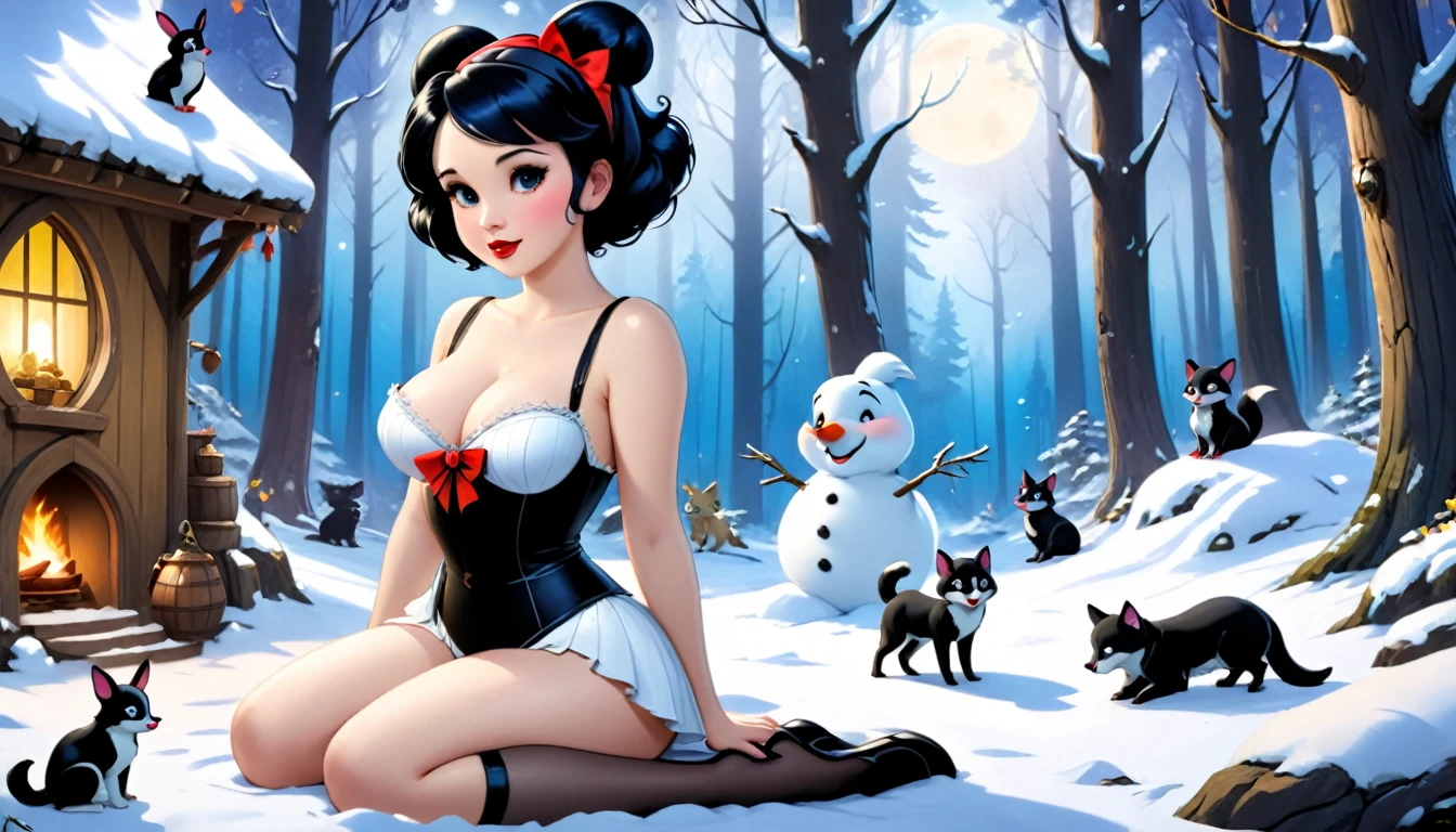 Disney art, masterpiece, extreme quality. 
the theme is gothic.  the setting is a magical forest, very detailed, full of different animals, it's afternoon, there's a cabin nearby. There is a girl (Snow White, wearing very short and perverted snow white lingerie, white skin, short black hair, extremely huge and fleshy breasts, several tattoos all over her body, drinking beer, with drunken features and pervert, fullbody), the atmosphere is festive.