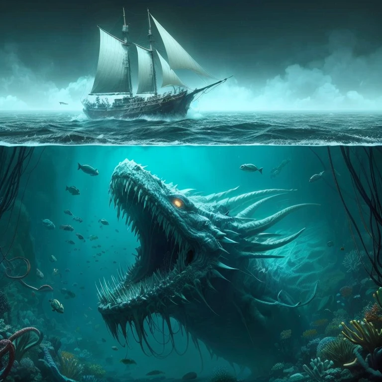 ,hp.lovecraft, image of a super deep lake,vague underwater, cloudy water,a colossal abyssal reptile dragon swimming under it, completely submerged, big eldritch hybrid shape,long bulky shape, twisted scary look coral and fish, underwater eldritch being, scales and fins,long fish like tail,small tentacles,claws,teeth, chimera,eyes, high contrast between under and above the water, warm color above but cold color under, some island on the surface,sun shine, skull 