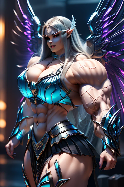 ((((Massive, beautiful, buff, pale white skinned muscular dark angel woman with cyan hair, black lipstick, glowing purple eyes, huge black angel wings, ginormous bulky muscles and wearing a beautiful black angel futuristic armor with pleated skirt)))), {close view}, massive muscles, massive biceps, hyper muscle shoulders, massive muscle arms, vascular shoulders, hyper muscle triceps, huge angel wings, (long beachy hair), pleated skirt, purple eyes, choker, angel gauntlets, on top of a dark skyscraper in a burning City, confidant smile, hyper muscles arms, hyper muscle legs, (massive arms).