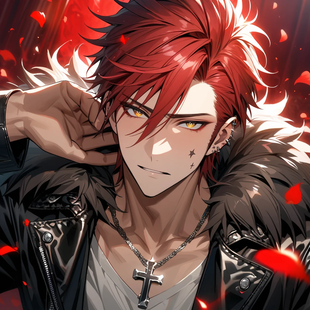 Ultra detailed, Highres, absurdres, HDR, Suoh Mikoto, red hair is kept short ruffled and spiked with two strands of hair near the opposite sides of his head falling on his face as well as distinct sideburns, K, expressive golden eyes, black leather jacket with a fur collar and a white V-neck underneath, silver ring, a star-shaped necklace, a piercing in his left ear, red flowers, petals, handsome, man, solo, very detailed eyes and face, glittering small red butterflies, master piece, glittering, fantasy, cross, red background, flames, smoking