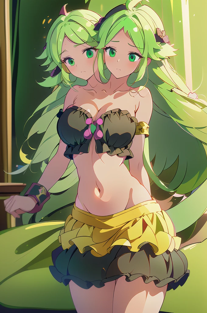 (masterpiece, best quality), best quality, best resolution, (ultra-detailed), (3heads:1.5), 1girl, (fuma mishandra:1.3), masterpiece, best quality, ultra quality, ultra resolution, ultra detail, black top, crop top, ((stomach)), midriff, ((groin)), black skirt, miniskirt, normal ears, shackles, green hair, very long hair, wavy hair, sidelocks, green eyes, detailed eyes, same eye color, parted lips, open belly, sweat, cute, toned belly, hand on own chest, eyelashes, (24 year old woman:1.3), (masterpiece:1.5), (best quality:1.5), (beautiful detailed), extremely detailed CG, extremely delicate and beautiful, depth of field, (finely detailed face), (perfect details:1.2), (mature female:1.3), wide pelvis, slender, large veiny breast, 16k resolution, highres, high quality, high definition, extremely detailed, masterpiece, green hair, long hair, alluring presence, twin braid, short skirt, close up, big tits, young, girl with three heads,