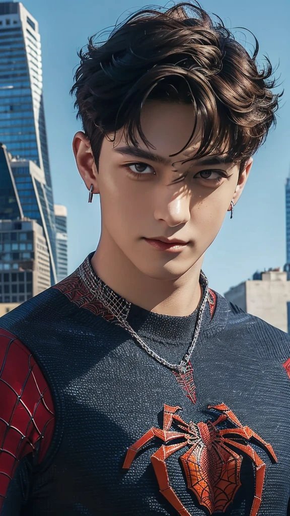 Jungkook with pierce in his lips, ear, Spider suit, spider web print, spider webs, spider-man, masutepiece, Absurd, Fine details, nffsw, ((Highly detailed face and eyes)), Photorealistic,, Focus on the eyes,, standing on the roof of a skyscrapper, ((no mask on)), Looking at the viewer, Smiling, Black hair, boy focus, Big hair, Curly hair, earrings, , new york buildings background,