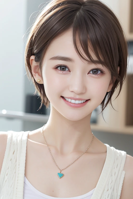 205 ((short hair)), 20 year old female, Wear underwear、Cardigan、 Fresh smile、Beautiful tooth arrangement、、Dark brown hair、Ear piercing、Necklace on the neck、looking into camera