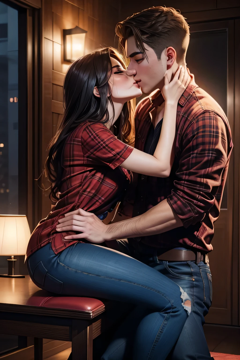 Amazing portrait of a sexy woman wearing a red dress kissing and making out with a young man wearing a flannel shirt and jeans while the man is sitting on a chair and the woman is sitting on his lap in a room with dim and dramatic lighting they are very passionate and erotic and sensual showing their love and attraction and desire and lust towards each other