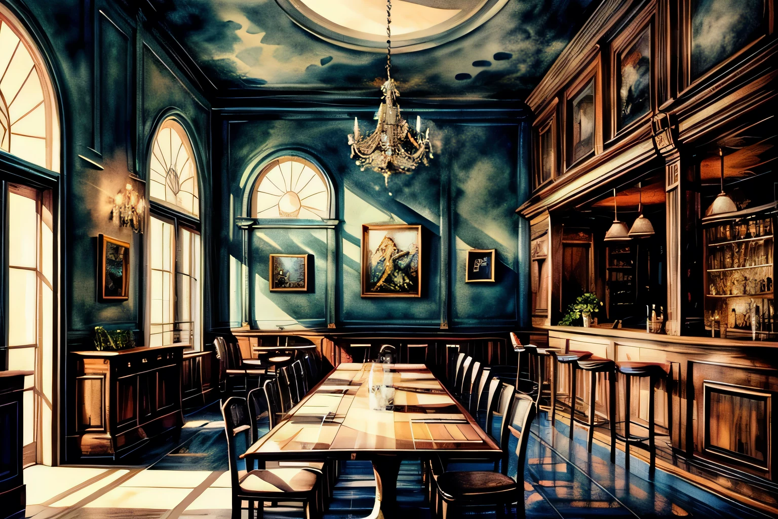 Dining Bar, Interior, Watercolor, art, art, Fantastic illustrations, upscale, fairy tale, Fairytale