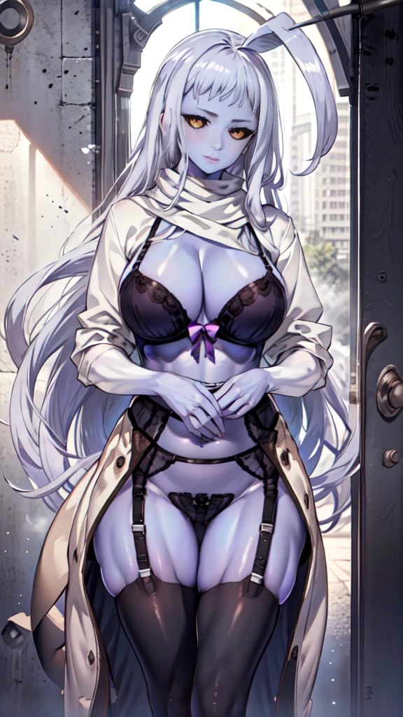LalaMM, black sclera, colored skin, huge ahoge, 8K, 4K, Best Quality, High resolution: 1.2), (Mast eristic, Realistic, Photoreal: 1.4), One Woman, Beautiful face, Shining Eyes, Beholder, Fair skin, (purple skin:1.5), fine complexion, Big, Big, young, big butts, Colossal, H-cup, obscene lingerie, obscene thong, garter belt, stockings, bra, underwear, Lingerie, underwear, harness