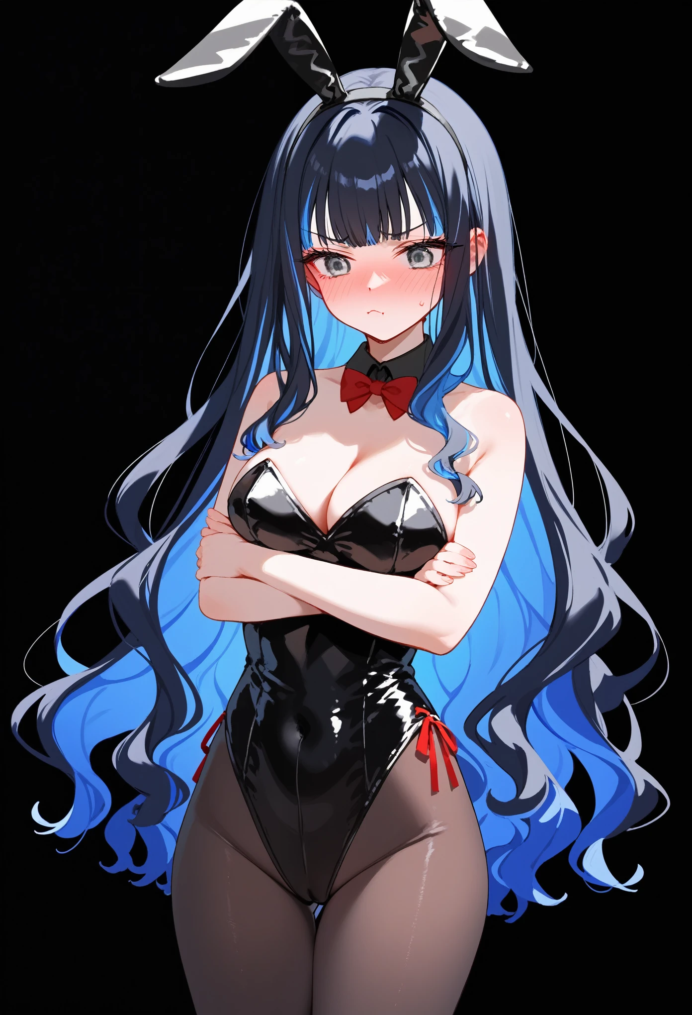 Style_3, 1girl, gray eyes, long hair, multicolored hair, black hair, sidelocks, blue hair, wavy hair, eyeliner, black bunny suit, leotard, leggings, thighs, fake bunny ears, blush, embarrassed, crossed arms, looking away, pout, black background, sharp focus, masterpiece, score_9, score_8_up, score_7_up
