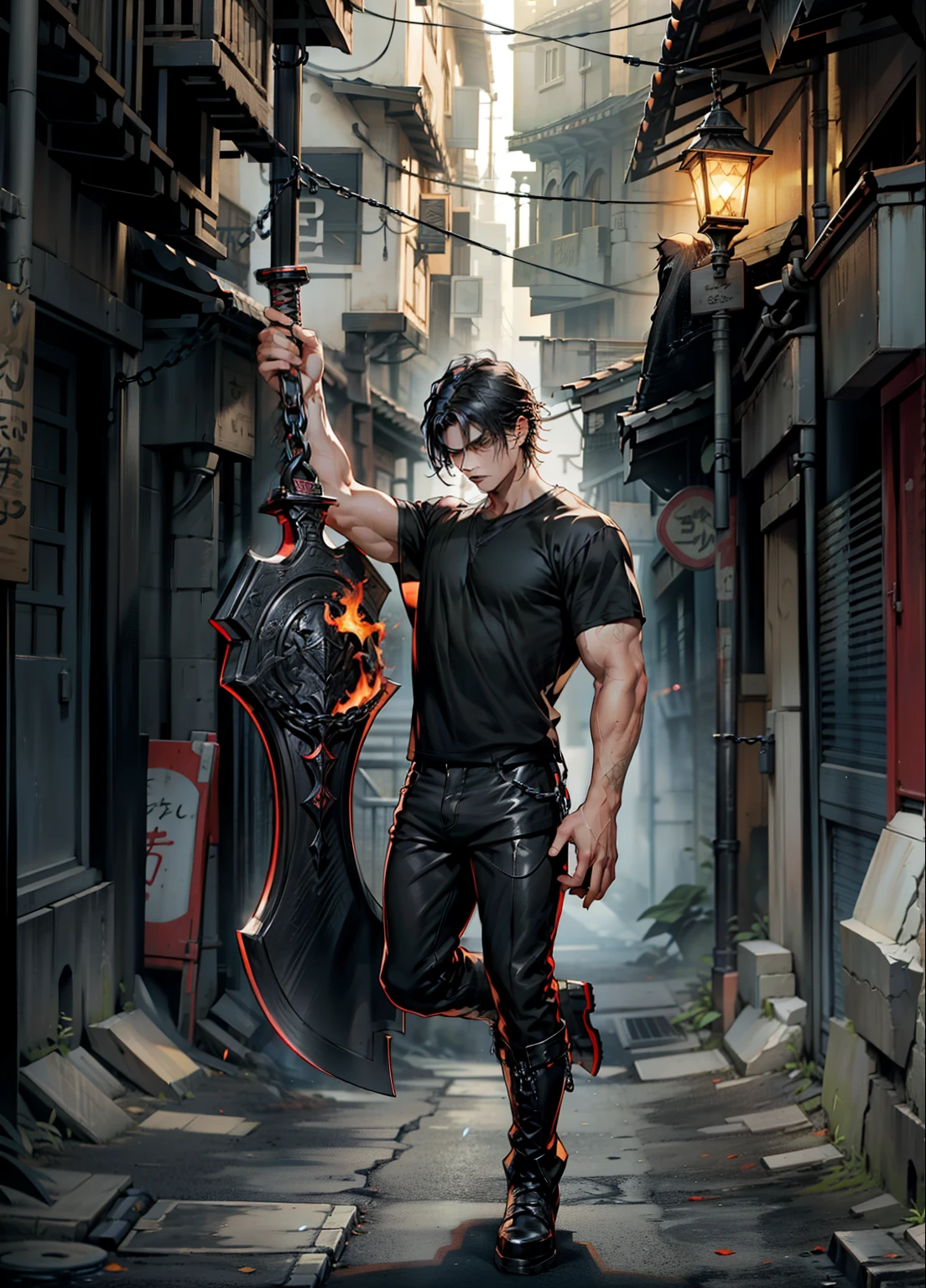 boys 26 Years old, Serious face, black hair, flowing hair, wearing ((black shirt)), black pants, high cut boots, holding sword, flames, chains, giant sword