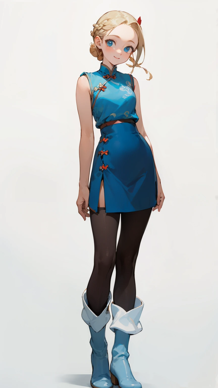 (masterpiece), ((best quality)), (super detailed), (beautiful eyes beautiful details eyes, Clean and delicate face), (whole body, standing), Single Braided blonde pony tail, parted bangs, forehead, blue eye, smile, wearing mini Cheongsam, Sleeveless, pantyhose, thigh, white short boots, simple color background