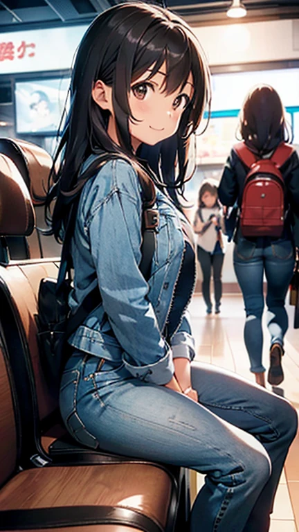 shiho Nishizumi,Blue jean jacket,Jeans pants,Semi-long hair,Ashime Hair,Brown Hair,Black Eyes,Big Breasts,Smiling expression,From the side,Cinema interior,Sitting on a chair,Dark indoors,Place the shopping bag on your right knee,At least one backpack, Beautiful image quality,slightly muscular,