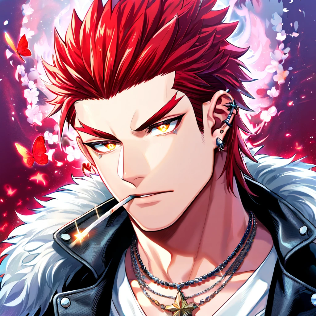 Ultra detailed, Highres, absurdres, HDR, Suoh Mikoto, red hair is kept short ruffled and spiked with two strands of hair near the opposite sides of his head falling on his face as well as distinct sideburns, K, expressive golden eyes, black leather jacket with a fur collar and a white V-neck underneath, silver ring, a star-shaped necklace, a piercing in his left ear, red flowers, petals, handsome, man, solo, very detailed eyes and face, glittering small red butterflies, master piece, glittering, fantasy, cross, red background, flames, smoking