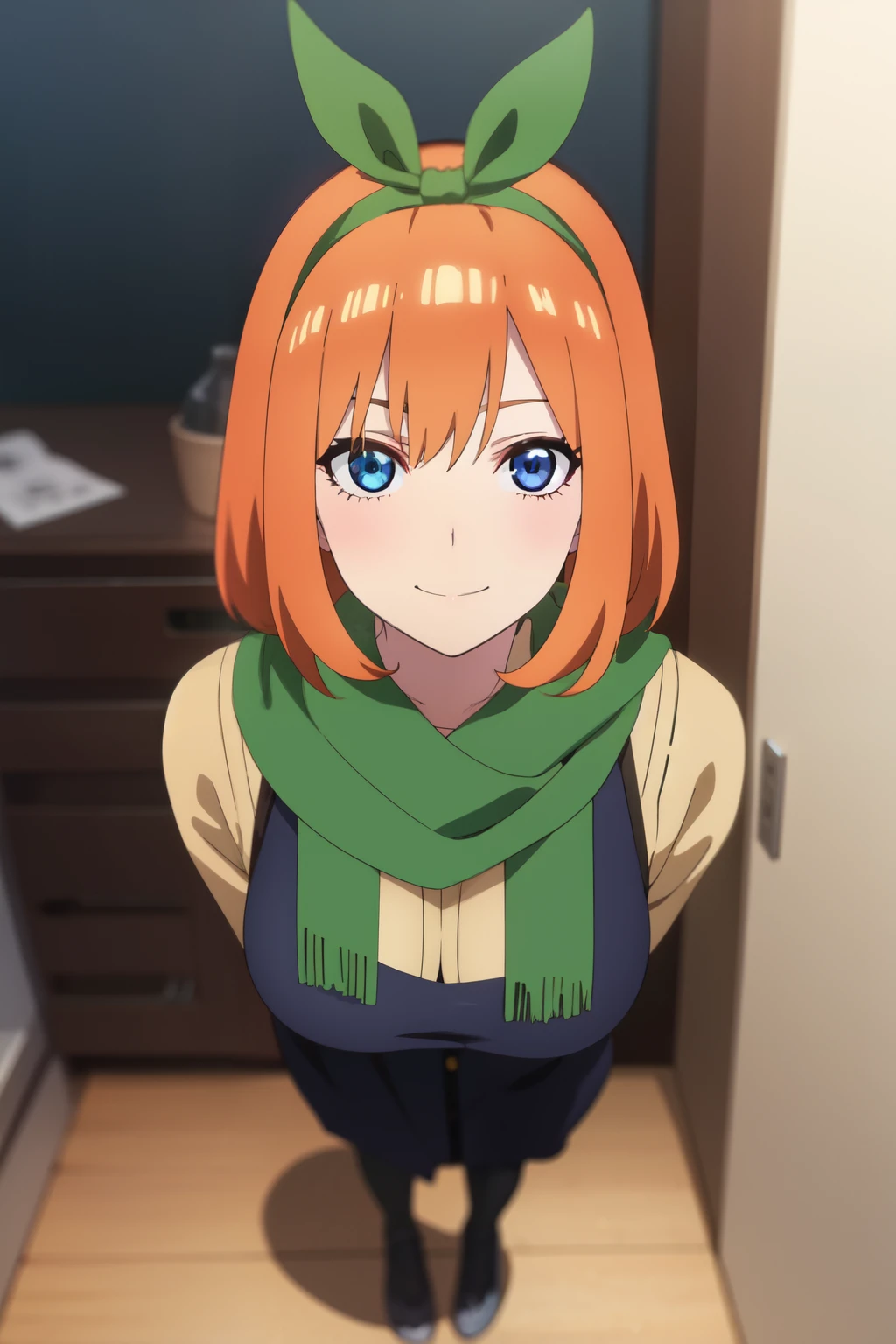 Anime background art, bottom of room, one bed, standing, beautiful anime scenes, 4K anime art wallpaper, 4k anime art wallpaper, Rosla global illumination, anime girl, 1 girl, LORA similar, best quality, detailed, alone, looking at the viewer, mouth closed, smile, short hair, definition in the eye, perfect face, perfect face, perfect hair, orange hair, hair accessory, green scarf in hair, blue eyes,  costume, big tits, full body