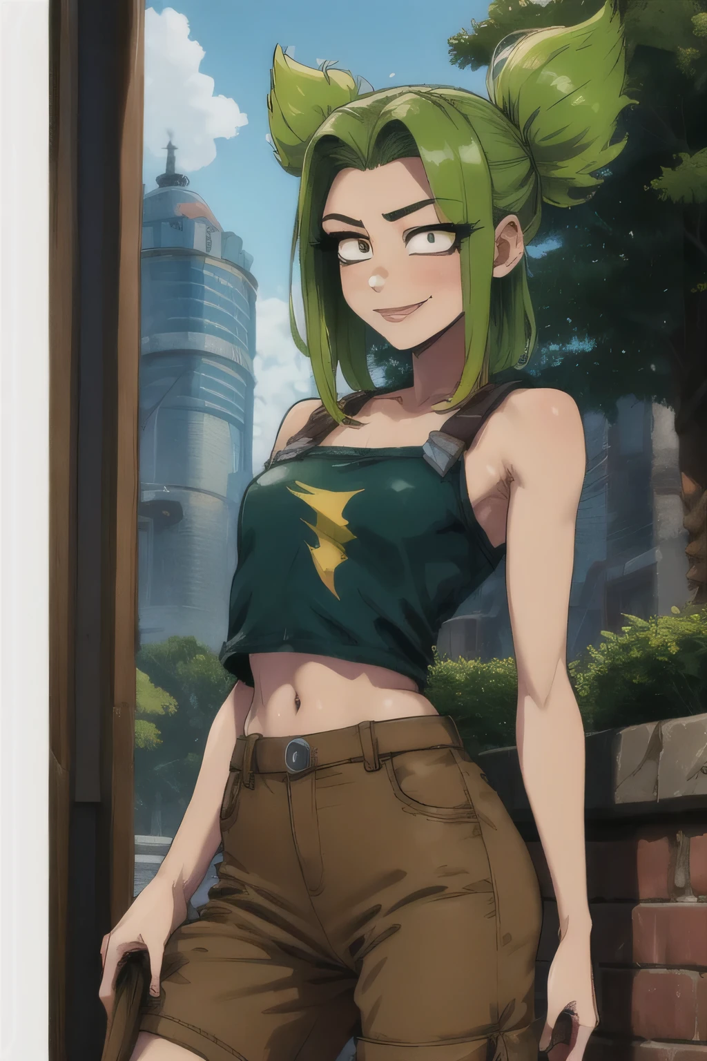 (masterpiece, Best quality:1.2), complex parts, What \(League of Legends\), 1 Girl, 2 tail, bang, green hair, A slight smile, yellow croptop, short trousers, tan, shiny skin