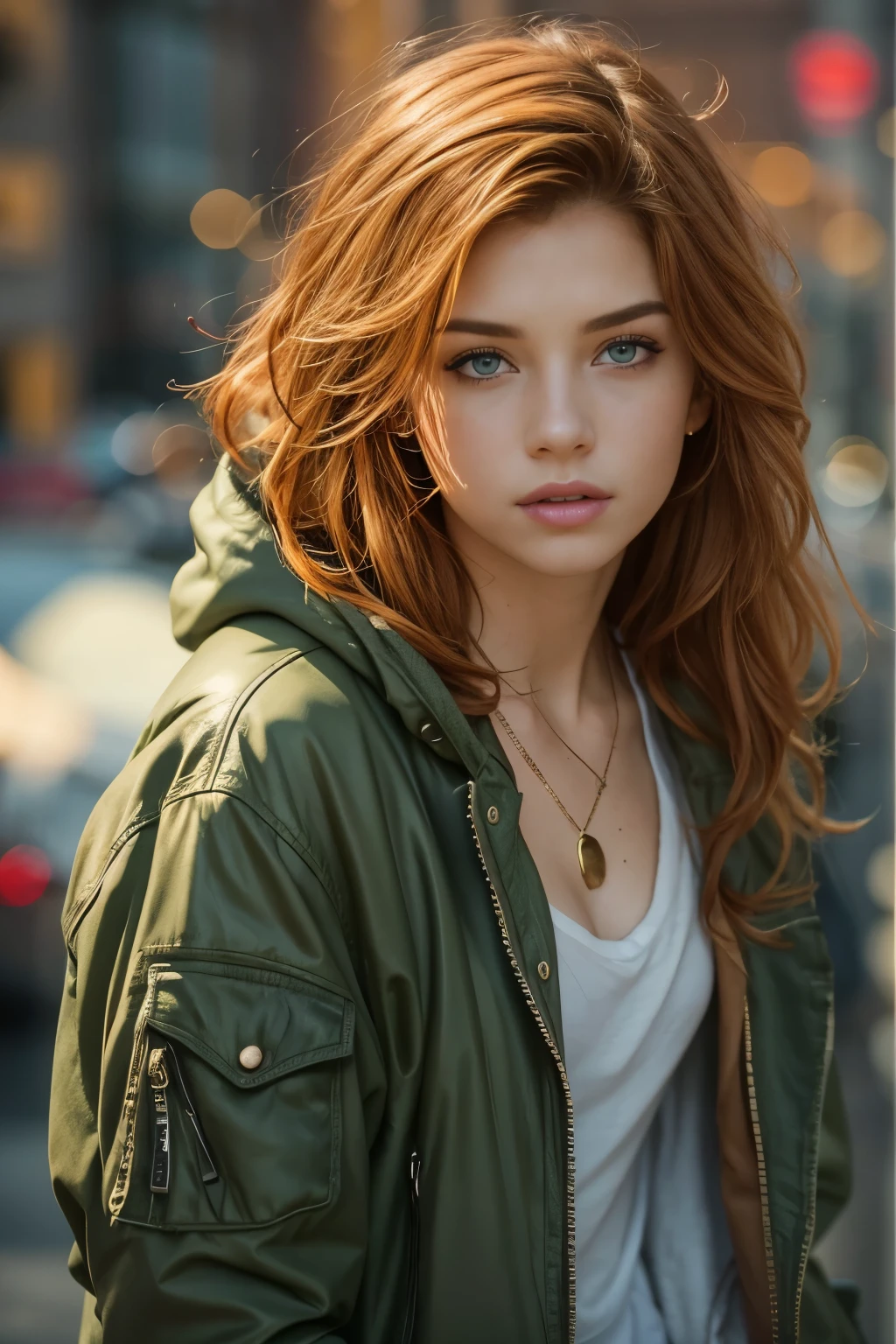 close portrait, Masterpiece, a Beautiful 20 years old girl, redhead, white skin, freckles, rounded body, rounded face
wearing see through top, v neck, cleavage, wearing a grunge jacket with a hood up, wearing vintage jewelry, short messy Hair, 
Perfect face, Beautiful face, light green eyes, detailed eyes, looking tired, smiking, (smooth lighting), relaxed pose, Bright colors, 
Manhattan Greenwhich village street as a background, sunny day, RAW, cinematic, ultra high res.photorealistic, UHD, (vintage grunge vibes:1.2)