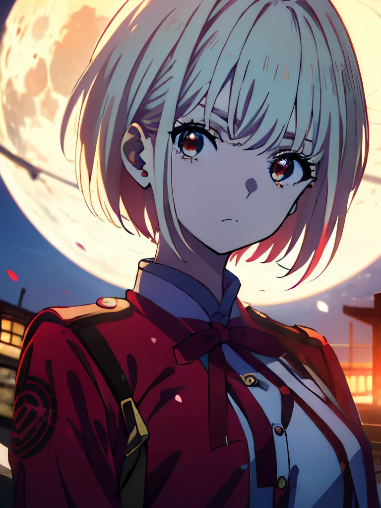 Masterpiece、(((1 person)))、Short Hair、Nishikigi Sensoku、Blonde、Red ribbon、Red Eyes、Serious face、Upper Body、Red Uniform、night、full moon