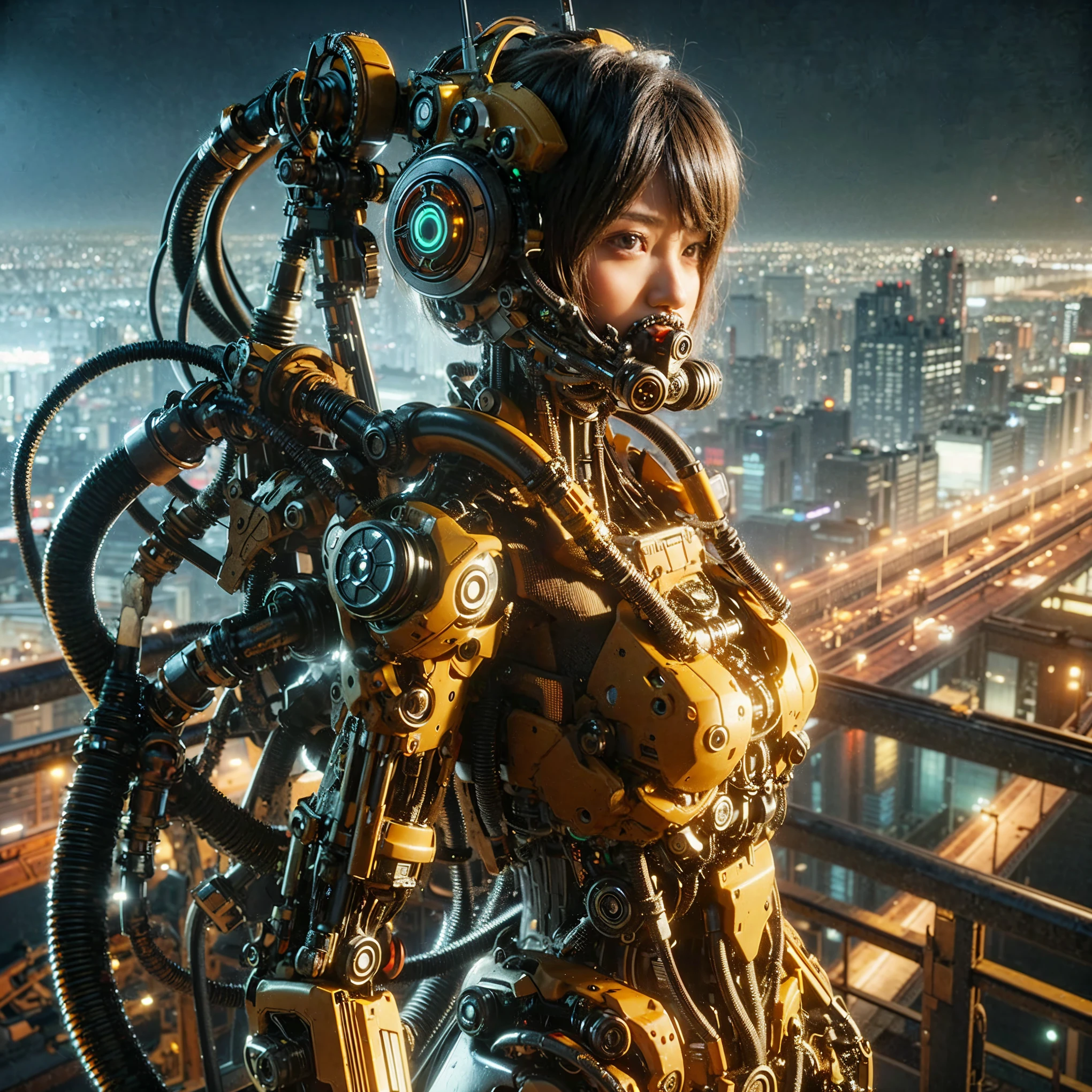 (top-quality:1.2, masterpiece), ultra high resolution, (Photorealsitic:1.4), (biopunk), (scorpion-type powered suit), light yellow base with silver and bronze accent, (mechanical frame:1.3), 1 japanese girl, extremely realistic face, ((ultimately intricate all details)), (whole body picture), realistic shadow, octan render, 8K, ultrasharp, character edge light, Details of complex ornaments, Hydraulic cylinder, power cable, dystopia with a beautiful view at night,