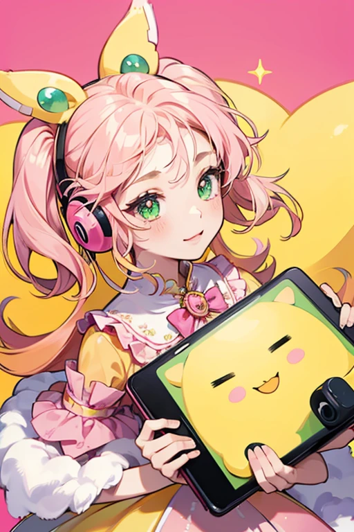 Communitchi is a pink Tamagotchi with green eyes, light orange cheek highlights, and a yellow star on the right side of her face. She has very fluffy hair, with a tuft of it on top of her head and two other tufts on the sides of her head. She wears a pink dress with yellow buttons and ribbons along with matching headphones with large yellow and pink antennas with speakers built in. She also wears a red bow and carries a tablet around. SPARKLE; GLITTER