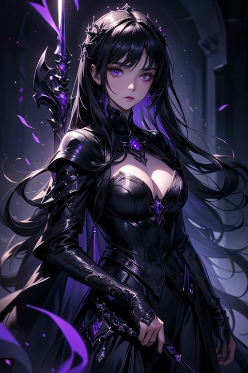 ((masterpiece, best quality, 8k))A captivating artwork of a darkly enchanting female character in a shadowy, magical setting. She wears dark and magical clothes in black and purple, perfectly matching her mysterious aura. Her short black hair and crimson eyes exude an intense beauty. She wields a dark staff, emanating a foreboding power.