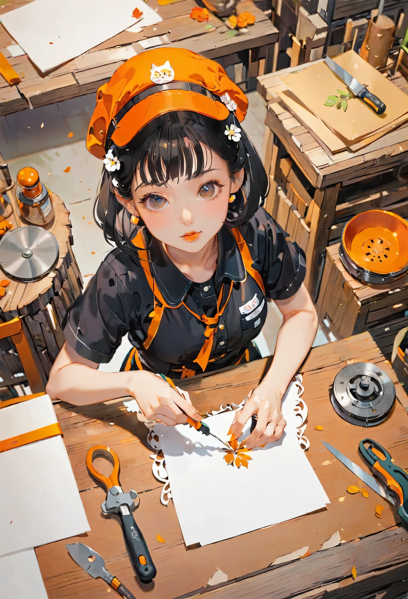 (((paper cutting style))), 1 girl, black short hair, worker uniform, cap, tool for wood work, from above, cat,
