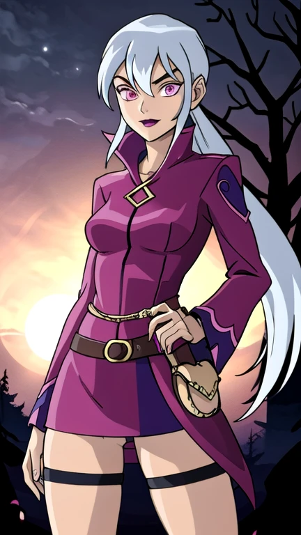 (cowboy shot), sfw,  (masterpiece), (best quality:1.0), (ultra highres:1.0), detailed eyes,
BREAK
Charmcaster, 1girl, low ponytail, bangs, pink eyes, lipstick
magenta coat, bodysuit, thigh straps, pouch belt
BREAK
(forest, nighttime, creepy trees, outdoors,  gorgeous view)