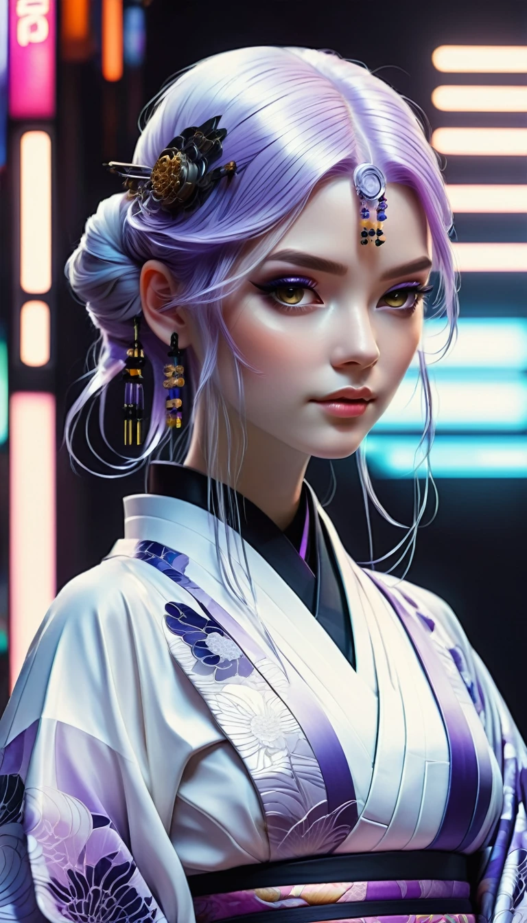 Best quality,Ultra-detailed,Ultra-realistic,Futuristic costume design,Design implies flexibility,Monochromatic color scheme emanates tranquility,Surface reflects light softly,Minimalism,Simple and powerful feminine beauty,modernism,Feminine Elements in Visual Arts,先进技术与自然的Fusion,Photorealistic rendering,1 girl,yinji,Purple Hair,Purple Eyes,Long hair,White hair,(Double Braid),Gradient hair,full-body shot,Cyberpunk Kimono,translucent,Smooth fabric,Low-rise black leggings,chiffon,Kimono top,Monochromatic color palette,Smooth lines,Futuristic decoration,high-tech accessories,Minimalism设计,Fusion,Bold and simple,Serene expression,Cybernetic enhancement,Striking elegance,(Droopy eyes,Pale eyebrows:1.3),Well-defined facial lines,Highlighting her radiant fair skin,(In concrete,Realistic black shadows v,realistic lightning:1.3),Incredibly slim waist,Exudes sculptural beauty,Looking at the audience,
