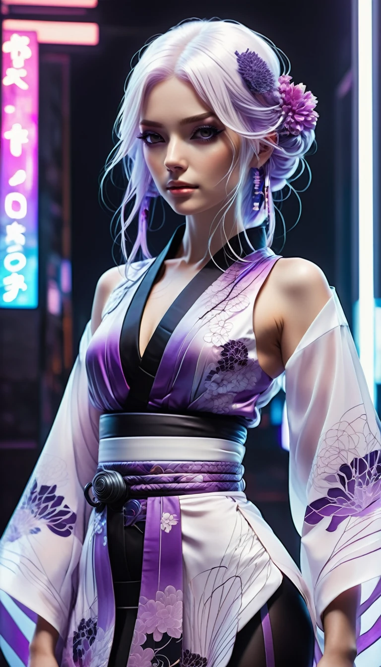 Best quality，Ultra-detailed，Ultra-realistic，Futuristic costume design，Design implies flexibility，Monochromatic color scheme emanates tranquility，Surface reflects light softly，Minimalism，Simple and powerful feminine beauty，modernism，Feminine Elements in Visual Arts，先进技术与自然的Fusion，Photorealistic rendering，1 girl，yinji，Purple Hair，Purple Eyes，Long hair，White hair，(Double Braid)，Gradient hair，full-body shot，Cyberpunk Kimono，translucent，Smooth fabric，Low-rise black leggings，chiffon，Kimono top，Monochromatic color palette，Smooth lines，Futuristic decoration，high-tech accessories，Minimalism设计，Fusion，Bold and simple，Serene expression，Cybernetic enhancement，Striking elegance,（Droopy eyes，Pale eyebrows：1.3），Well-defined facial lines，Highlighting her radiant fair skin，（In concrete，Realistic black shadows v，realistic lightning：1.3），Incredibly slim waist，Exudes sculptural beauty，Looking at the audience，