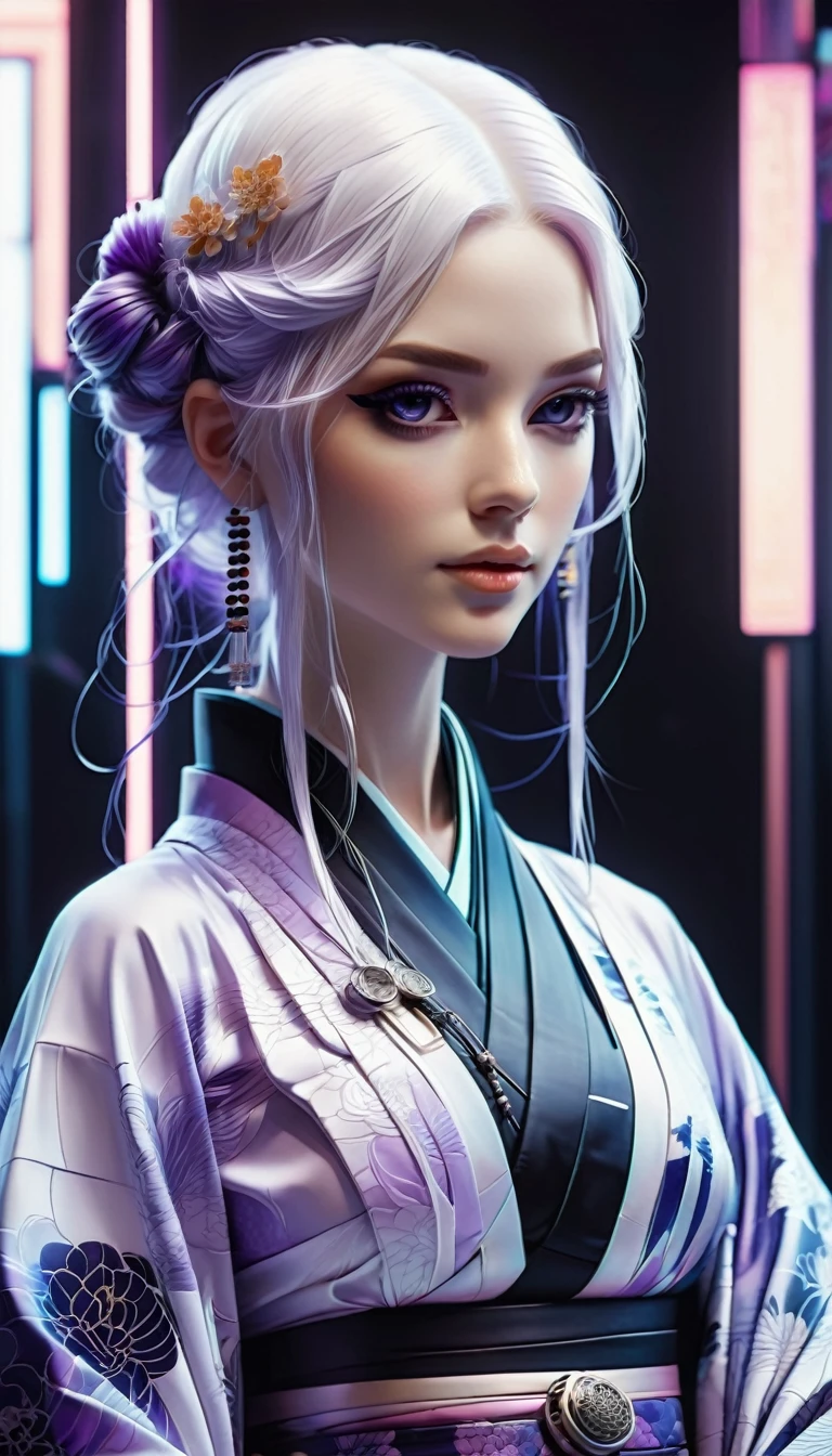 Best quality，Ultra-detailed，Ultra-realistic，Futuristic costume design，Design implies flexibility，Monochromatic color scheme emanates tranquility，Surface reflects light softly，Minimalism，Simple and powerful feminine beauty，modernism，Feminine Elements in Visual Arts，先进技术与自然的Fusion，Photorealistic rendering，1 girl，yinji，Purple Hair，Purple Eyes，Long hair，White hair，(Double Braid)，Gradient hair，full-body shot，Cyberpunk Kimono，translucent，Smooth fabric，Low-rise black leggings，chiffon，Kimono top，Monochromatic color palette，Smooth lines，Futuristic decoration，high-tech accessories，Minimalism设计，Fusion，Bold and simple，Serene expression，Cybernetic enhancement，Striking elegance,（Droopy eyes，Pale eyebrows：1.3），Well-defined facial lines，Highlighting her radiant fair skin，（In concrete，Realistic black shadows v，realistic lightning：1.3），Incredibly slim waist，Exudes sculptural beauty，Looking at the audience，
