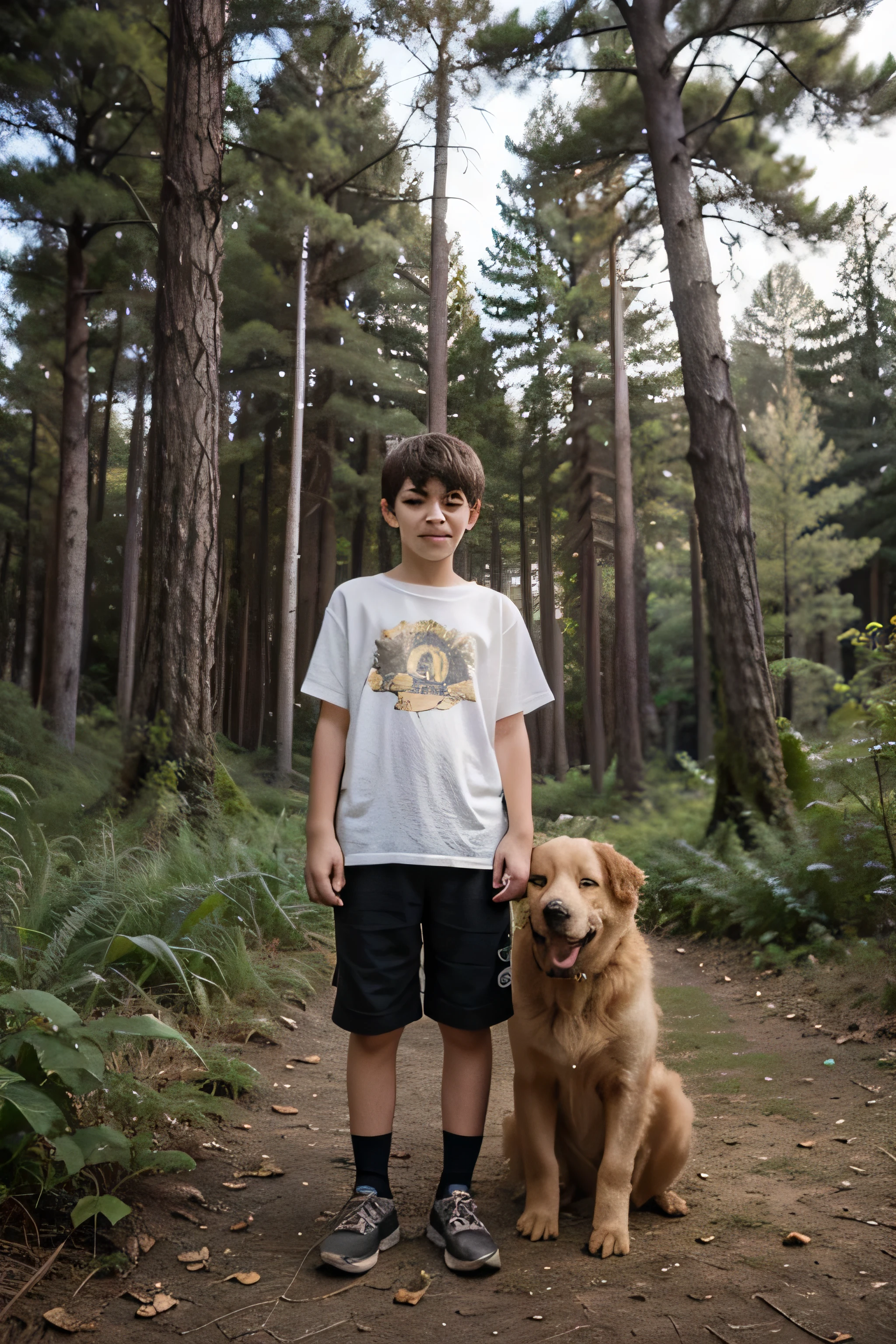 A 12 year old boy in a forest with a golden dog