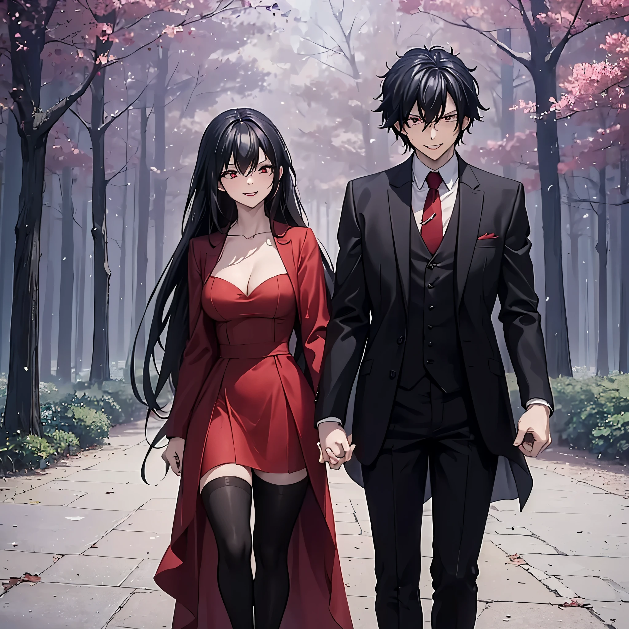A man together with a woman holding hands walking in a park at night, with perfect lighting, (romantic mood) (holding hands perfectly with coherent fingers), (woman wearing a low-cut red dress with long brown stockings, smiling red eyes, long black hair) (a man wearing a black suit, black pants, black hair, dark blue eyes, smiling) (just a couple of man and woman)