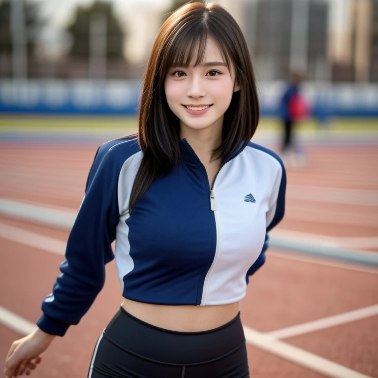 (kawaii 24 year-old Japanese girl, Nogizaka idol, Korean idol, track and field player), healthy female athlete body, glossy black hair, (very short hair, bangs:1.2), beautiful black eyes, rounded face, single eyelid, (no makeup:1.2), (big laughing), (track jacket, sports leggings:1.3), extra small breasts, BREAK, (track and field stadium background, summer sunlights:1.2), (dynamic angle, bust shot:1.2), BREAK, (masterpiece, best quality, photo realistic, official art:1.4), (UHD, 8K quality wallpaper, high resolution, raw photo, golden ratio:1.3), (shiny skin), professional lighting, physically based rendering, award winning, (highly detailed skin texture, extremely detailed face and eyes textures), Carl Zeiss 85 mm F/1.4, depth of field, (1girl, solo),