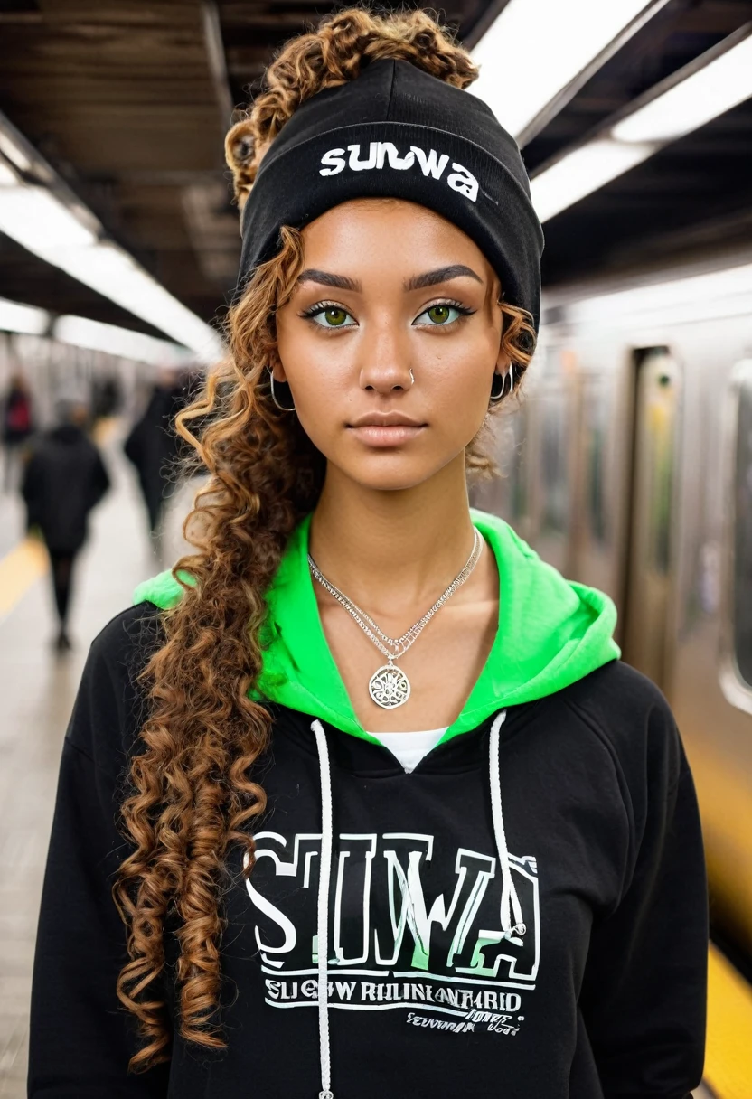 slightly tall young woman, light brown skin, light green eyes. Long brown curly hair with pigtails. Black graphic hoodie, black beanie, silver necklace, silver nose piercing, transparent lipgloss, slim built, very beautiful, late adolescent, 19 years old, full body photo, long legs, walking in New York Subway Station