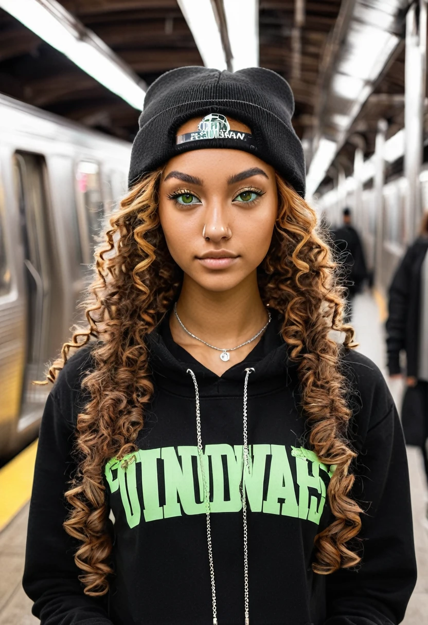 slightly tall young woman, light brown skin, light green eyes. Long brown curly hair with pigtails. Black graphic hoodie, black beanie, silver necklace, silver nose piercing, transparent lipgloss, slim built, very beautiful, late adolescent, 19 years old, full body photo, long legs, walking in New York Subway Station