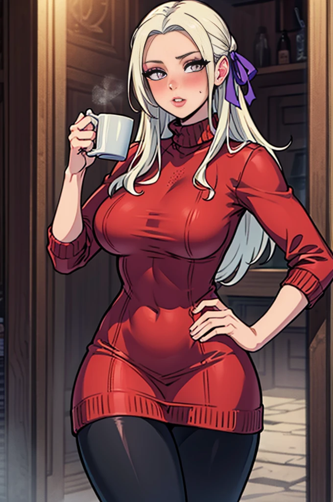 ((Masterpiece, best quality, perfect lighting, amazing shading)), (perfect anatomy, realistic proportions), edelgard_academy, hair ribbon, field of depth, extremely beautiful, 1girl, solo, makeup, eyeshadow, perfect breasts, (leggings), (red turtleneck sweaterdress), glossy lips, looking at viewer, thick, blush, large breasts, hand on hip, holding mug, cozy house background, (detailed background)