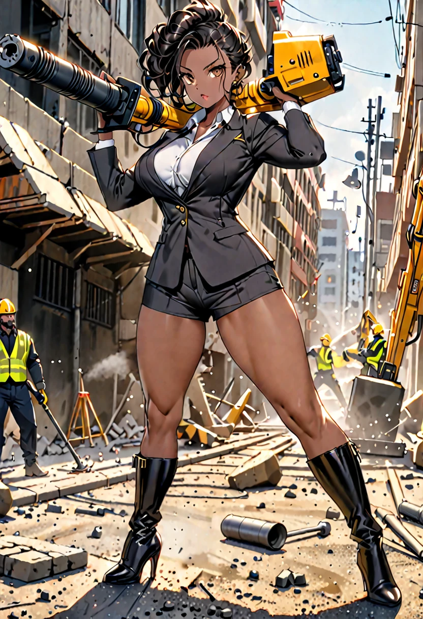 action, cinematic, full body, dynamic view, absurd, BBW, dwarf, mature woman, dark skin, weird hairstyle, baby face, brown eyes, large breasts, muscular, elegant legs, yellow helmet, suit of a worker, sexier, high black boots, in a sexy pose with a jackhammer at a street construction site,