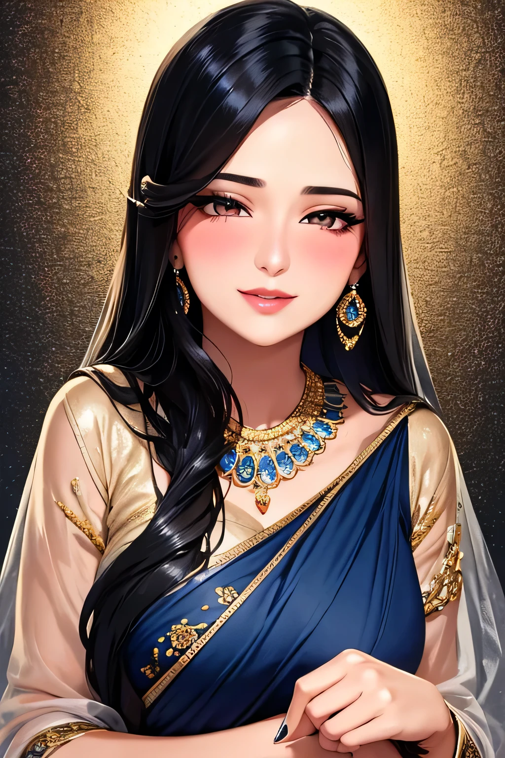 Amazing portrait of a sexy woman with a beautiful face having long straight black hair with detailed eyes and detailed lips wearing some elegant earrings and a navy blue saree with silver embroidery as she's seductively gazing and smiling and blushing intensely with a perfect and hot body