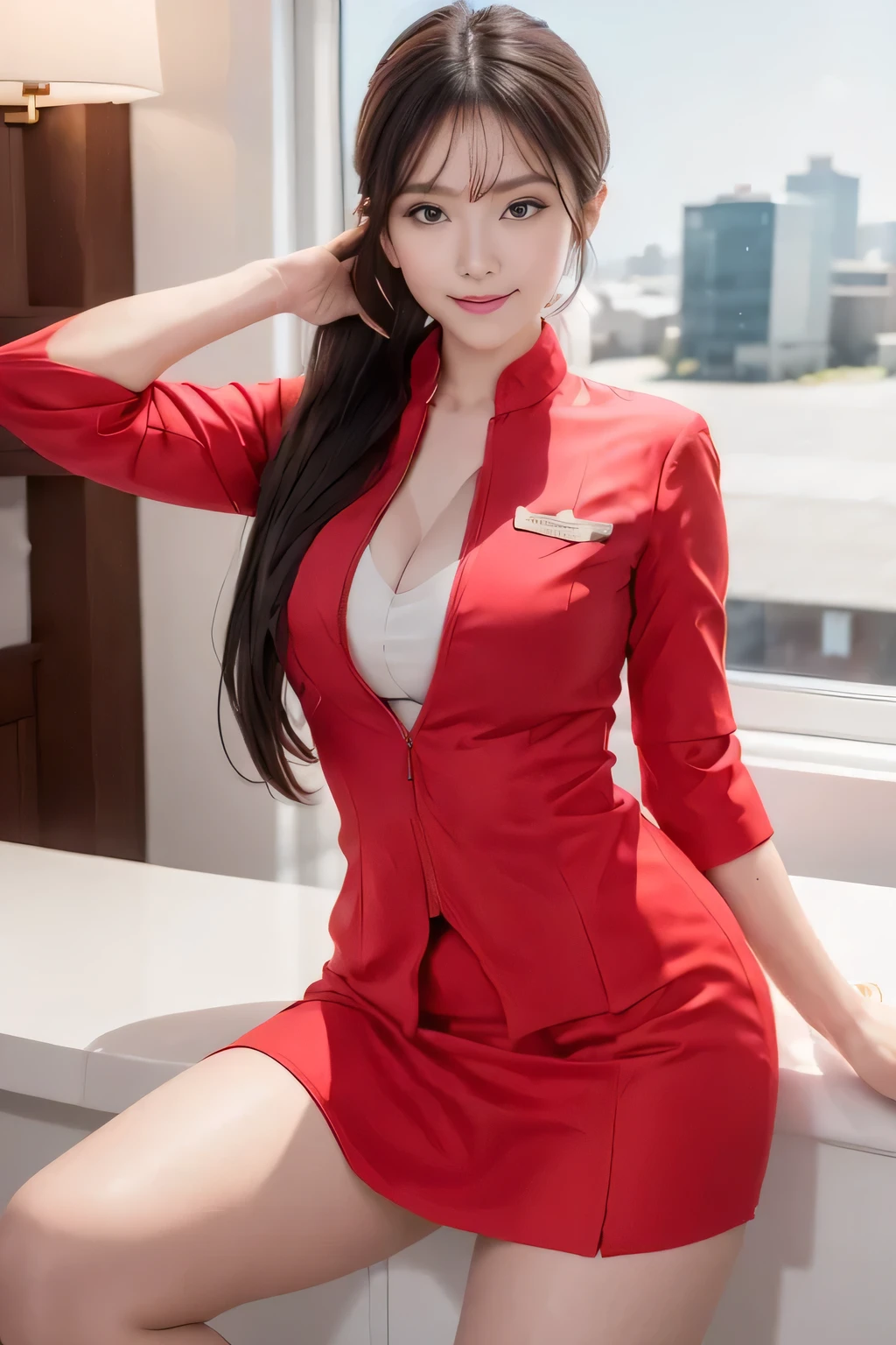 AirAsia red jacket uniform、Big Breasts、(AirAsia uniform white shirt unbuttoned）、（AirAsia uniform shirt showing big breasts）