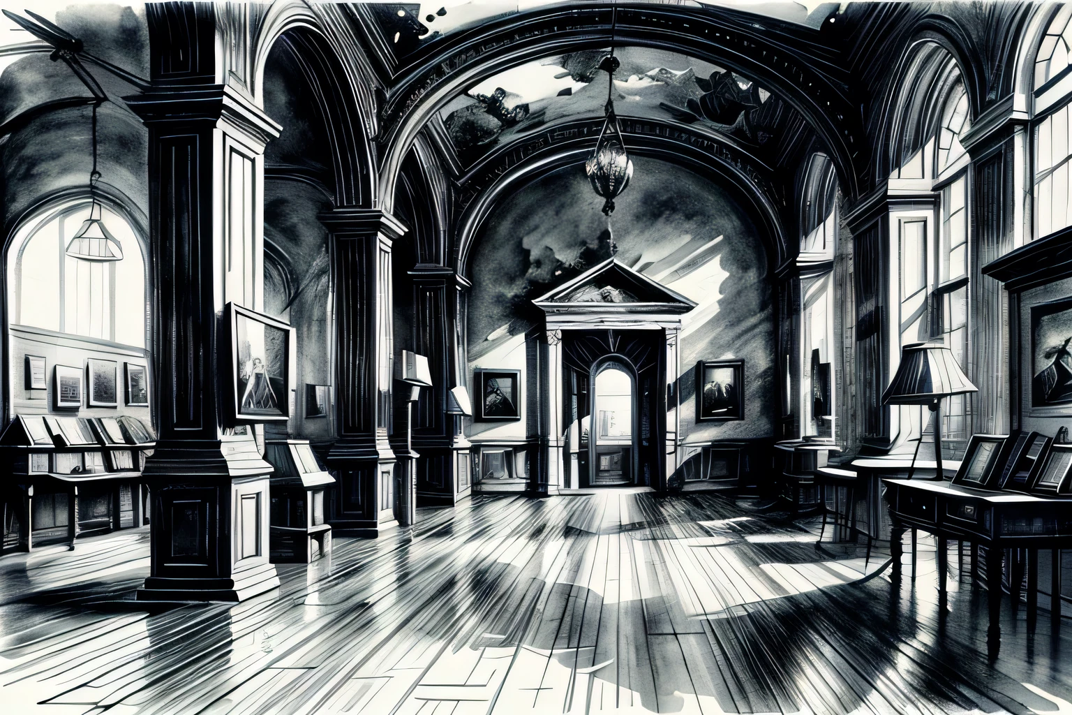 Local History Museum, Interior, Watercolor, art, art, Fantastic illustrations, upscale, fairy tale, Fairytale, Monochrome